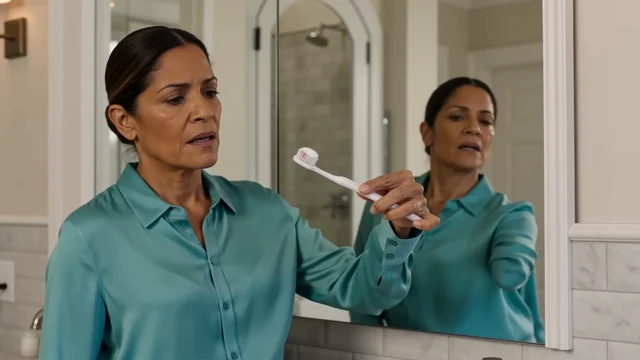 A woman noticing a small pink trace on her toothbrush after brushing