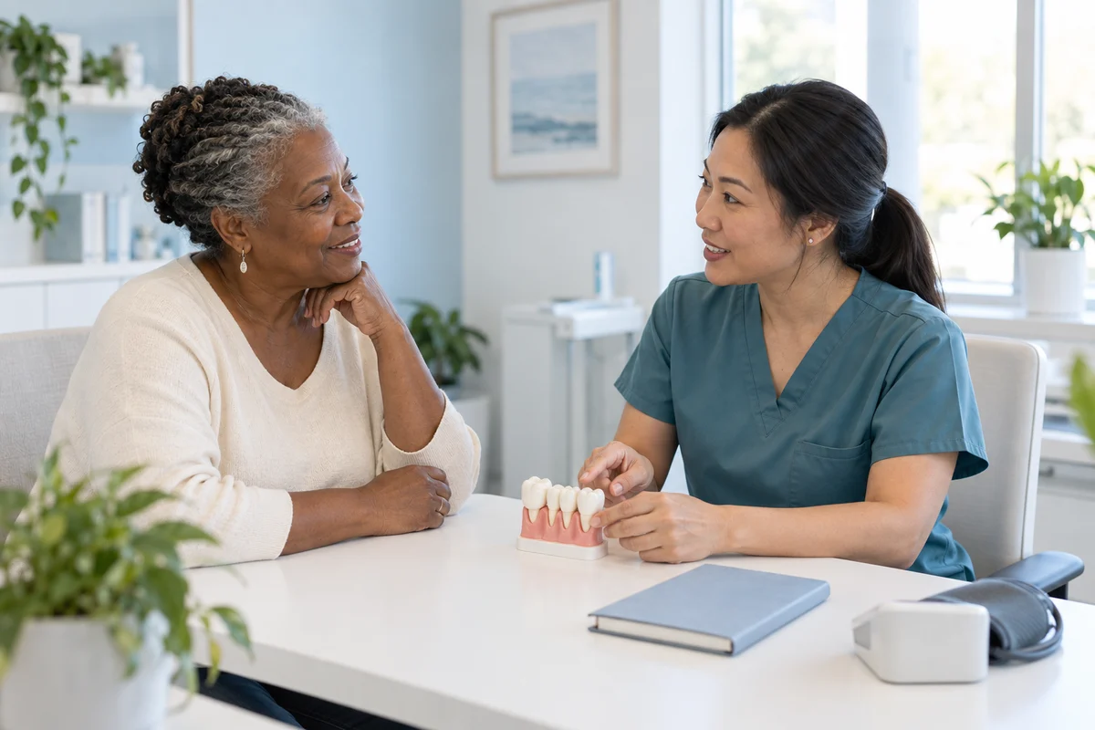 Illustrative patient and dentist discussing overall health