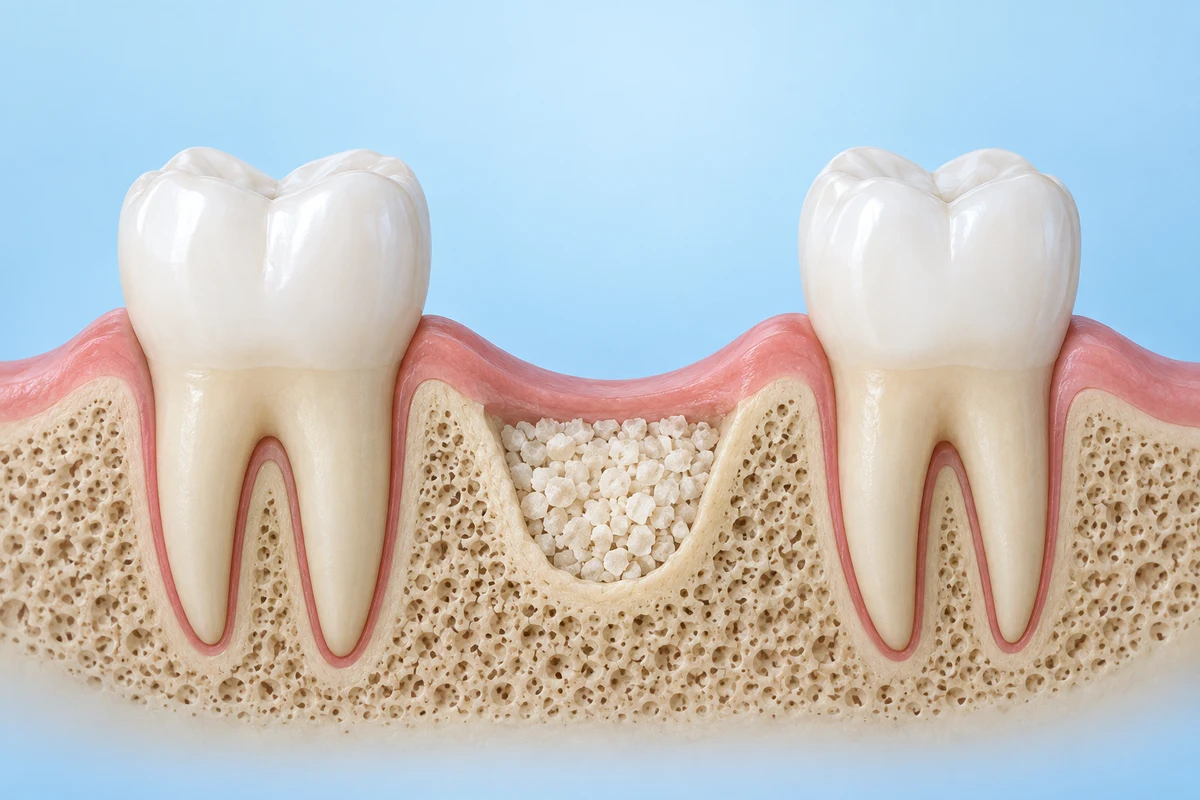 Simplified jawbone cutaway showing graft material at a missing tooth site