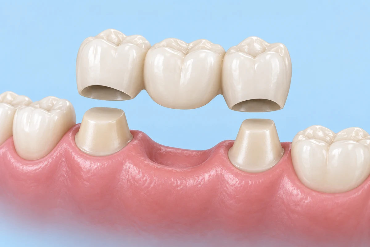 Illustration of a three-unit bridge above two supporting prepared teeth