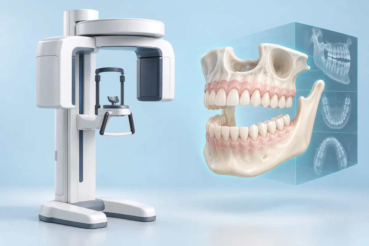 Illustrative dental cone-beam CT equipment and a 3D jaw visualization