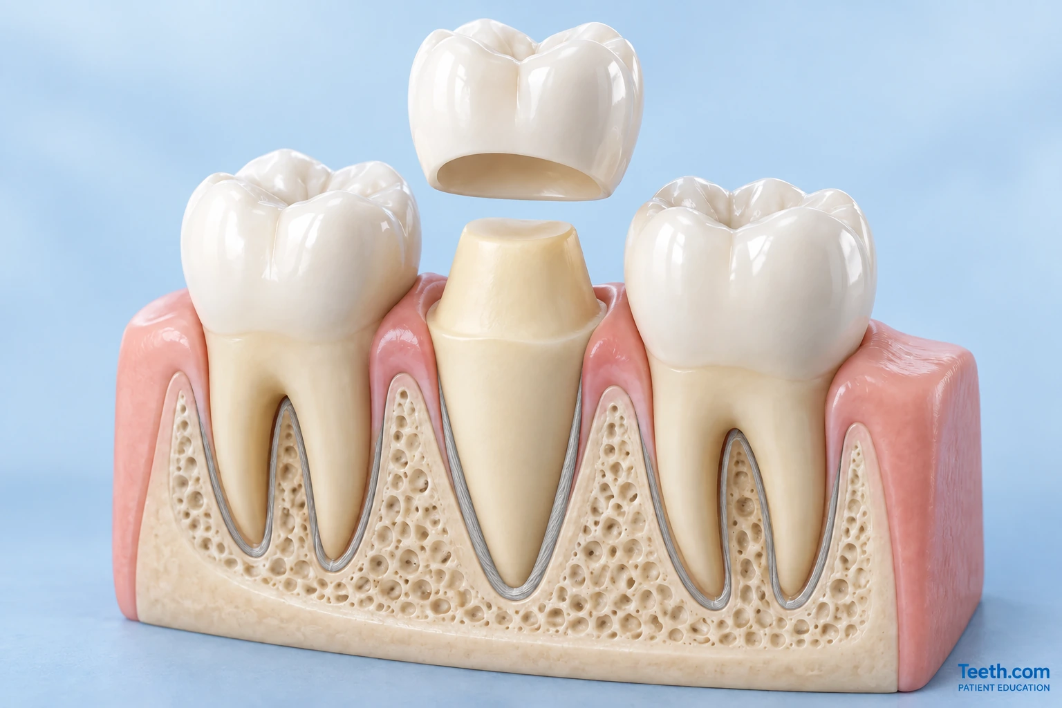 A ceramic crown above a prepared natural tooth