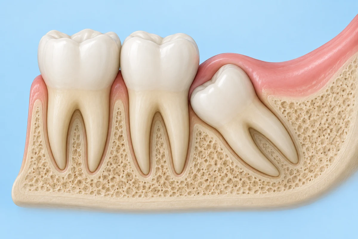 Simplified cutaway showing an angled wisdom tooth behind two erupted molars
