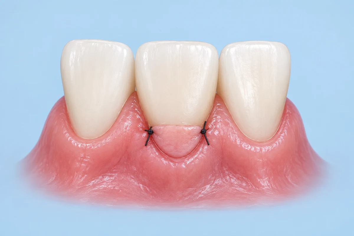 Simplified gum graft illustration with fine sutures near a lower front tooth