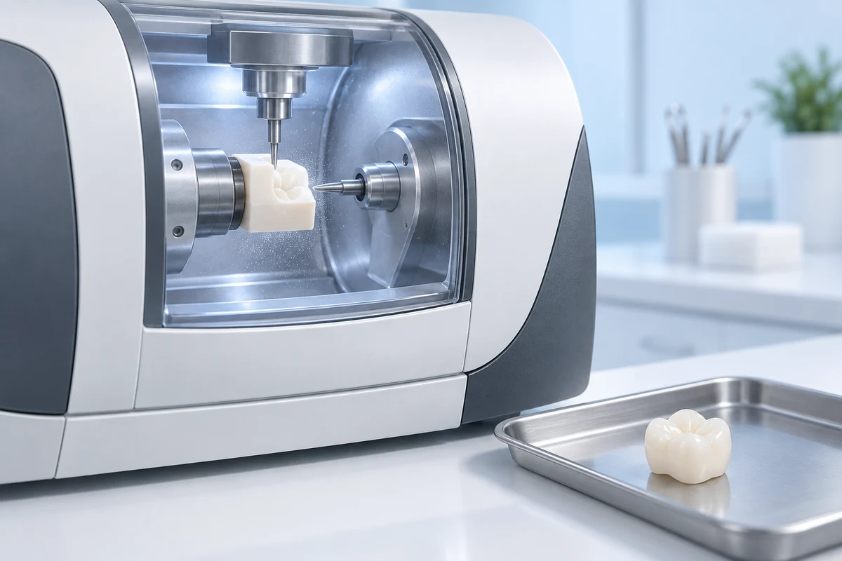 Conceptual illustration of a dental milling machine and a finished ceramic crown