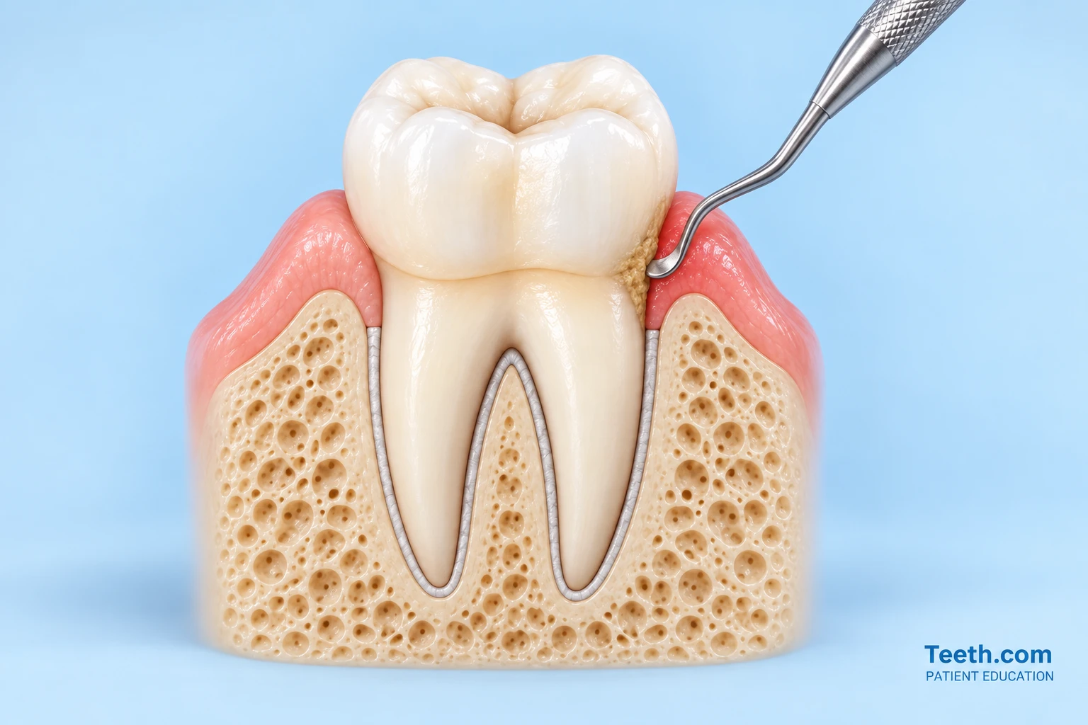 Illustration of a periodontal curette beside localized deposits near the gumline of a tooth, on a pale blue background