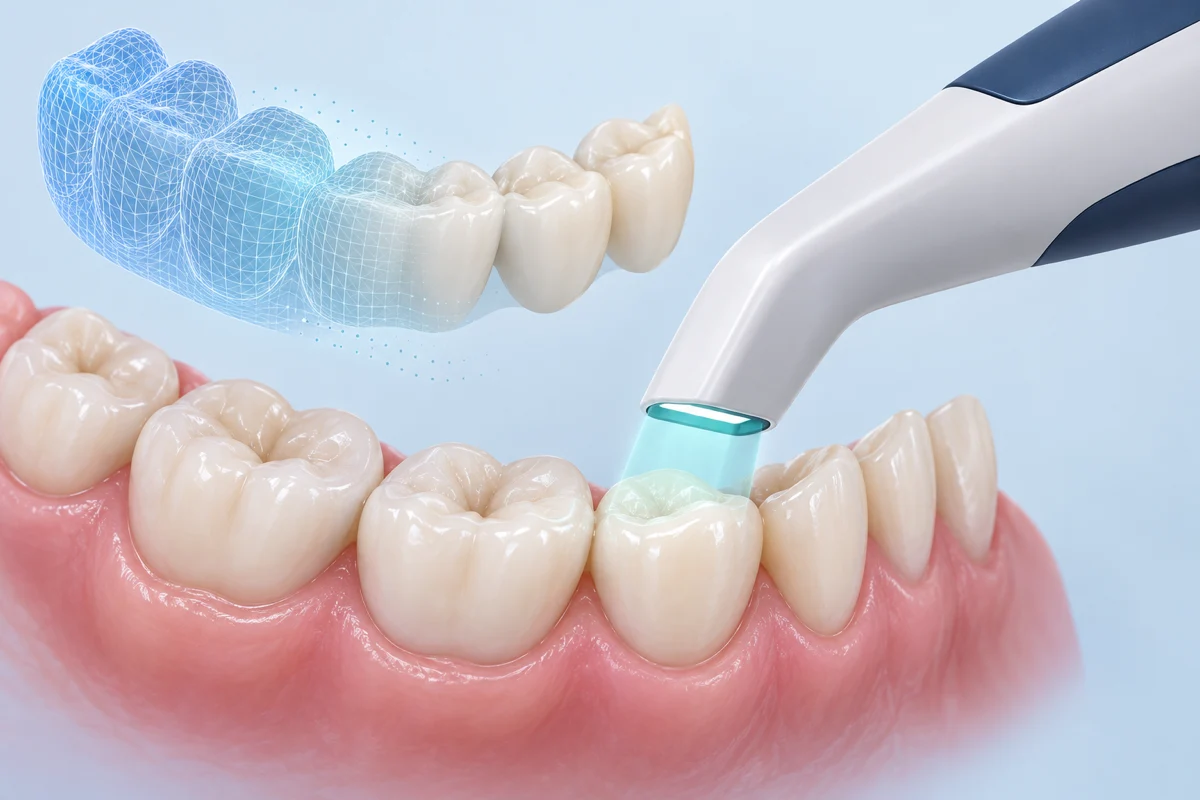 An optical intraoral scanner capturing tooth surfaces for a digital model