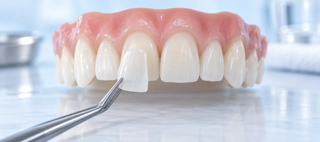 Illustrative close-up of a thin tooth-colored veneer being positioned on a front tooth