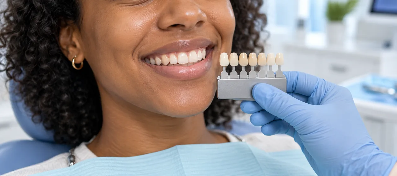 A tooth shade guide beside a smile during a dental consultation