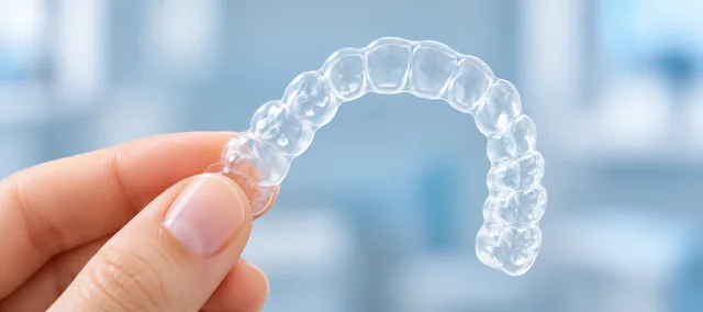 A transparent dental aligner held in a hand