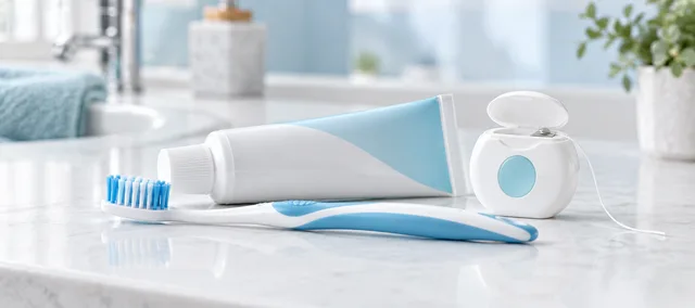 A toothbrush, toothpaste, and floss arranged for daily dental care