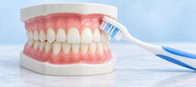 A soft toothbrush demonstrating gumline care on a dental model