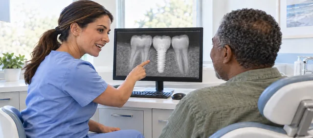 Illustrative consultation with a dentist reviewing an implant X-ray with a patient