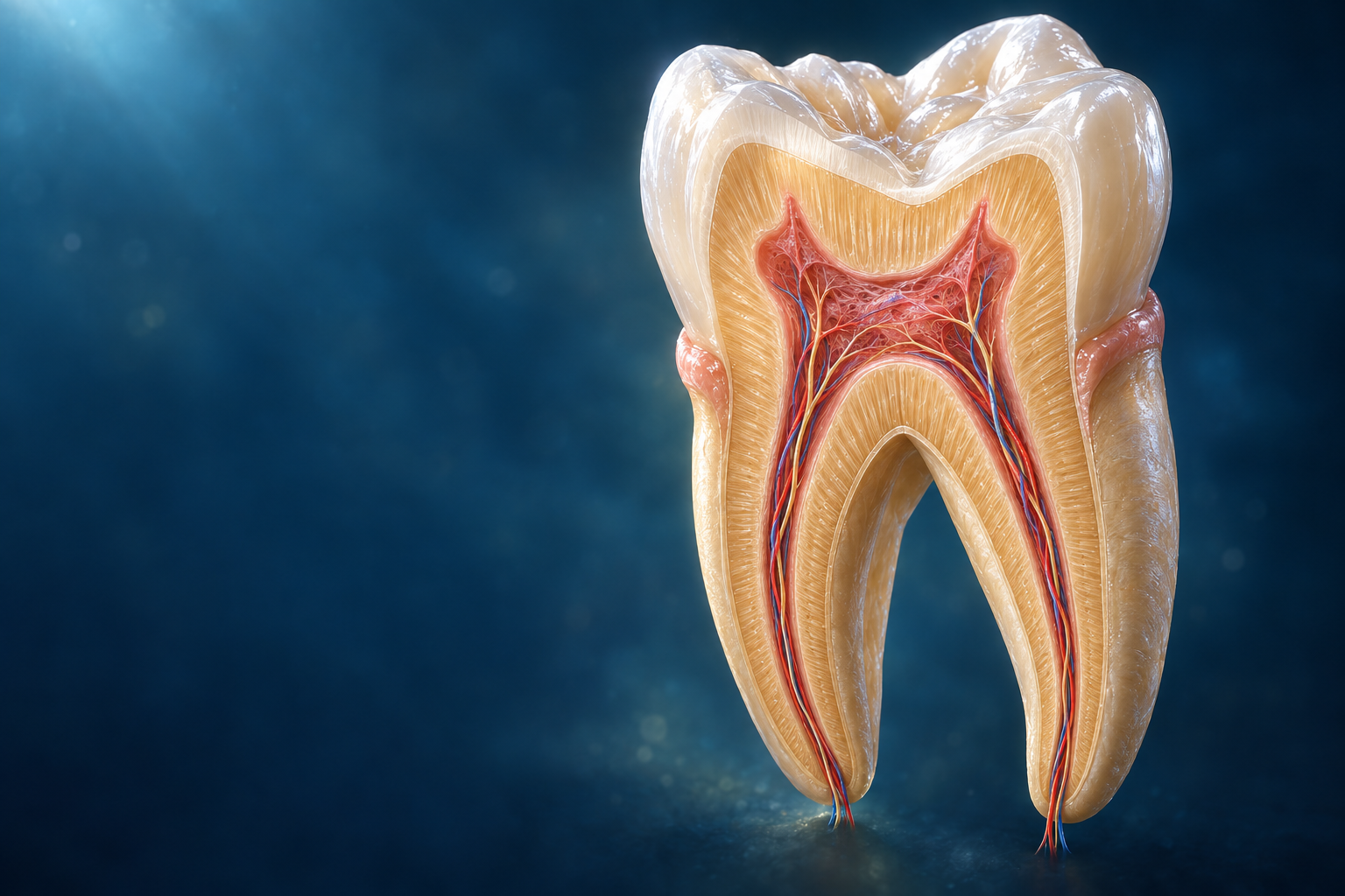 Illustrated tooth cutaway showing its inner layers and roots